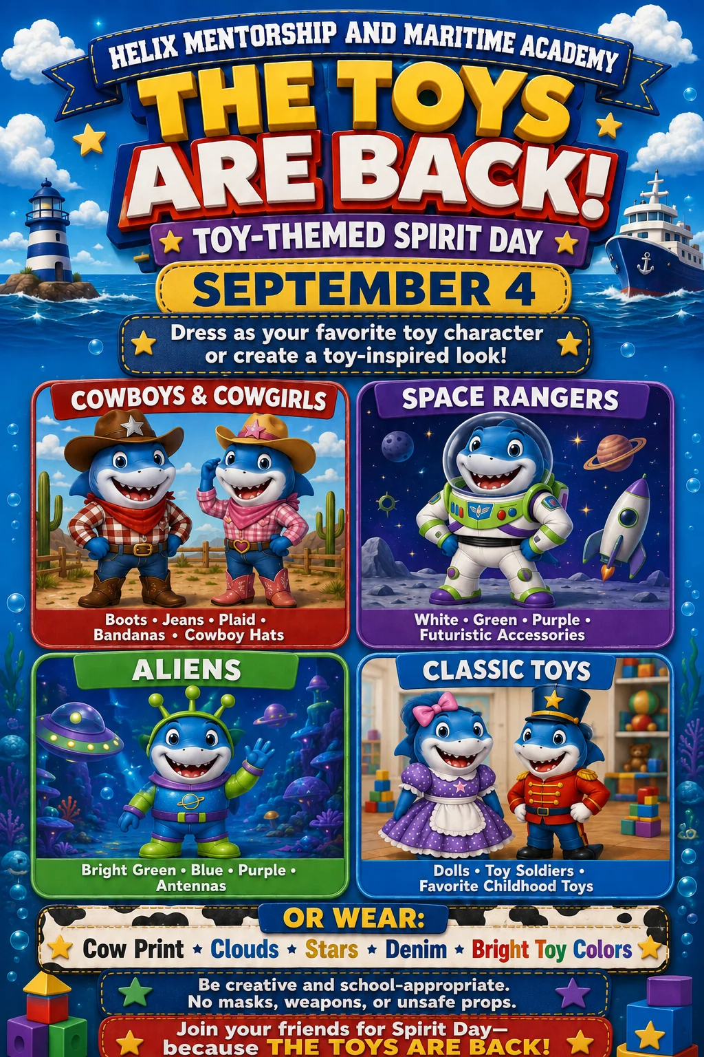 Flyer for Helix Mentorship and Maritime Academy is hosting a toy-themed Spirit Day on September 4! Students are invited to dress up as their favorite toy characters or show off a toy-inspired outfit. Theme Inspiration Ideas Cowboys & Cowgirls: Boots, jeans, plaid, bandanas, and cowboy hats Space Rangers: White, green, purple, and futuristic accessories Aliens: Bright green, blue, purple, and antennas Classic Toys: Dolls, toy soldiers, or other favorite childhood toys Pattern & Color Mix: Cow print, clouds, stars, denim, or bright toy colors Dress Code Guidelines Be creative and keep outfits school-appropriate. Prohibited Items: No masks, weapons, or unsafe props allowed. Join your friends for Spirit Day—because The Toys Are Back!